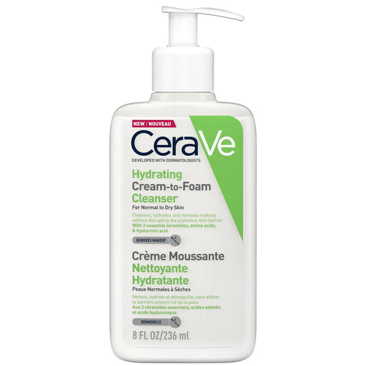 mage of CeraVe Hydrating Cream-to-Foam Cleanser: A white bottle with blue label and pump dispenser, representing a gentle and moisturizing facial cleanser