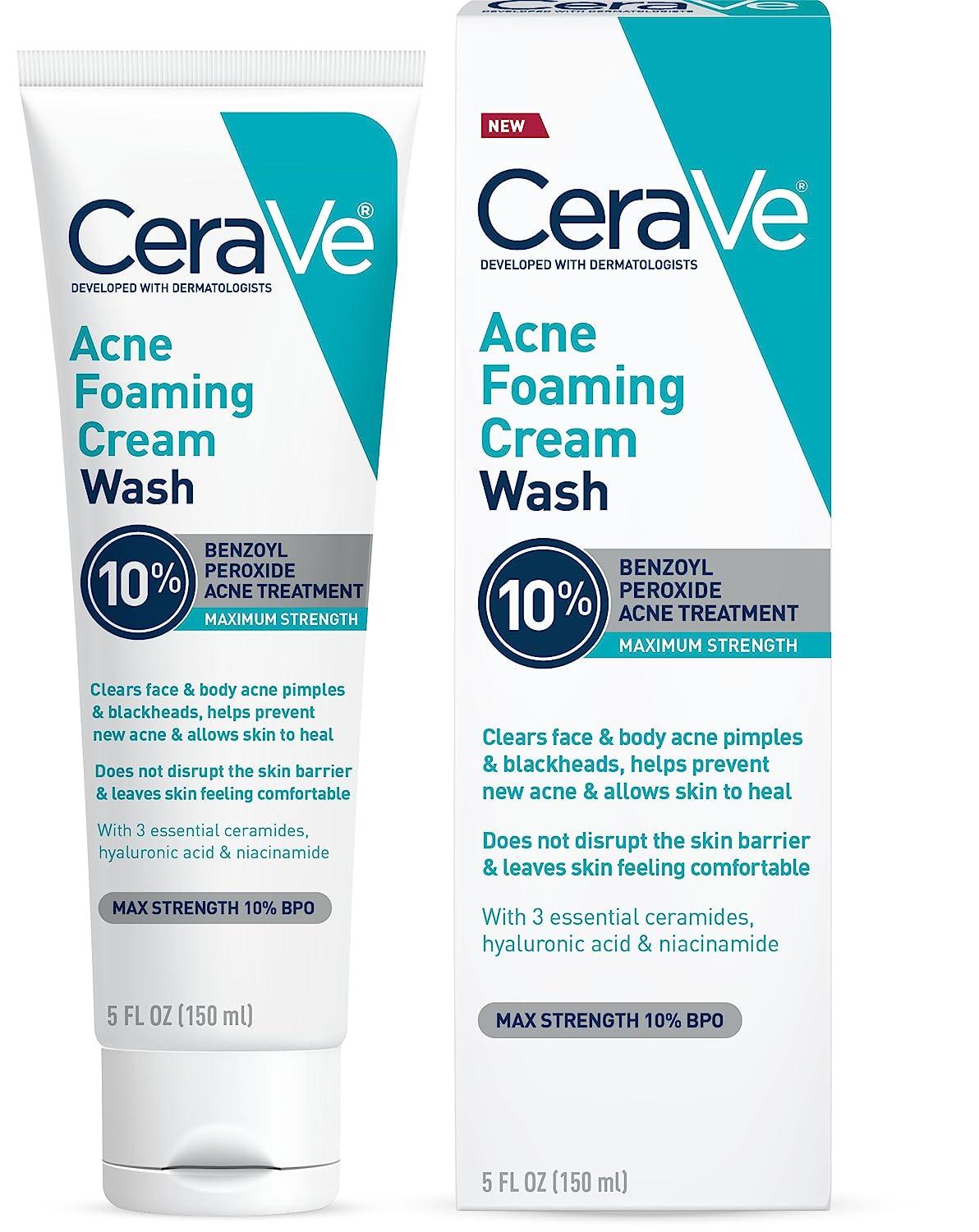 CeraVe 10% Acne Foaming Cream Wash | Face and Body Acne Wash with Benzoyl Peroxide 10% Maximum Strength